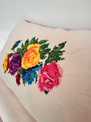 Floral Cross-Stitch Pillow Cover – Ivory & Red Velvet 9.5" x 12"
