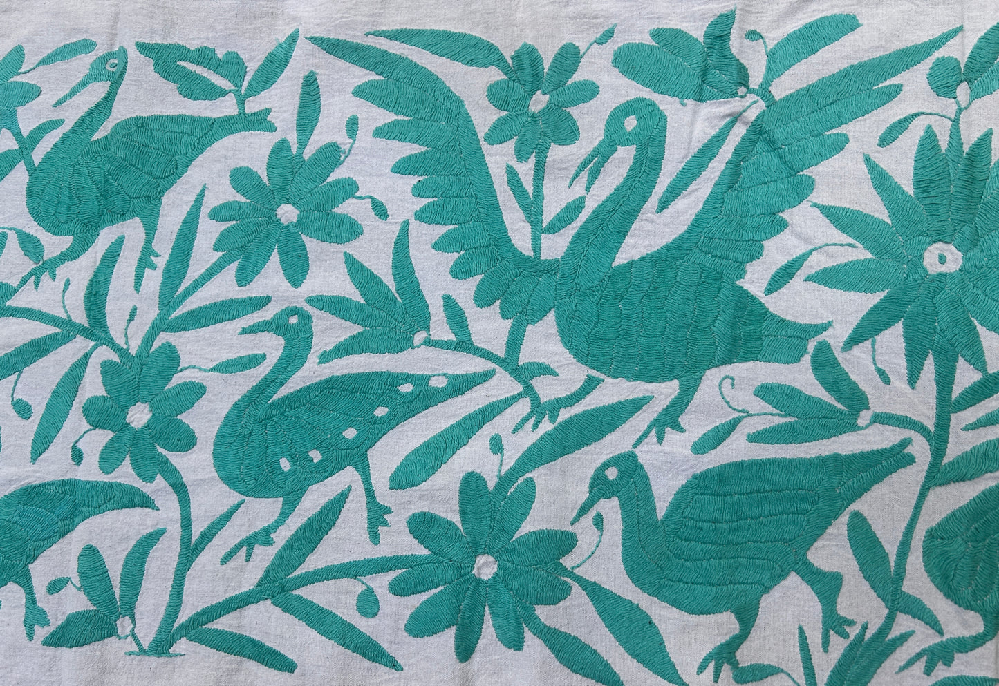 Hand-Embroidered Mexican Runner – Turquoise & Ivory Decor.  18"x74"