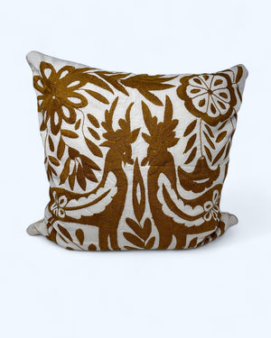 Otomí Hand Embroidered Pillow 23"x23" – Ochre embroidery & Ivory | Handmade Mexican Textile Decor