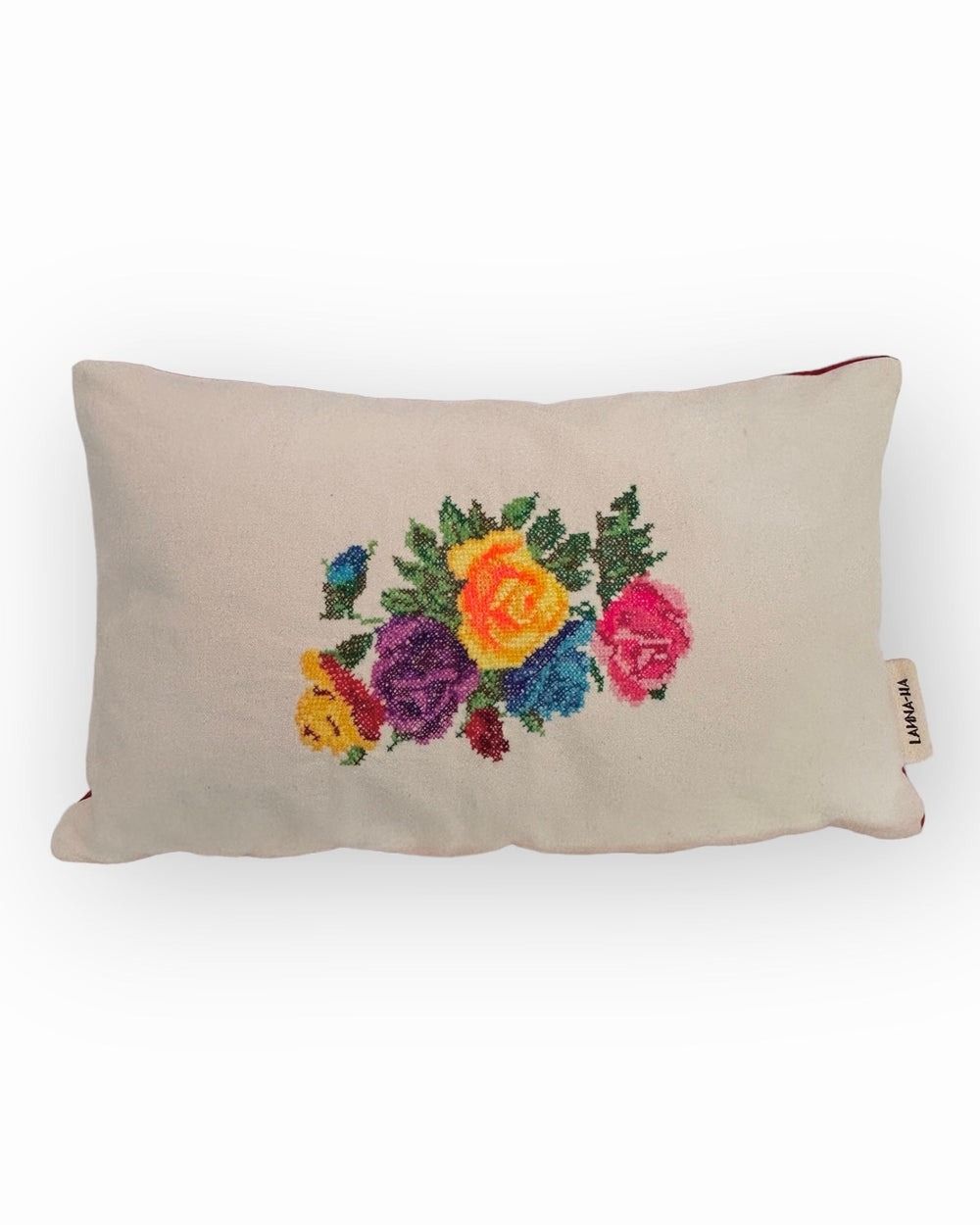 Floral Cross-Stitch Pillow Cover – Ivory & Red Velvet 9.5" x 12"