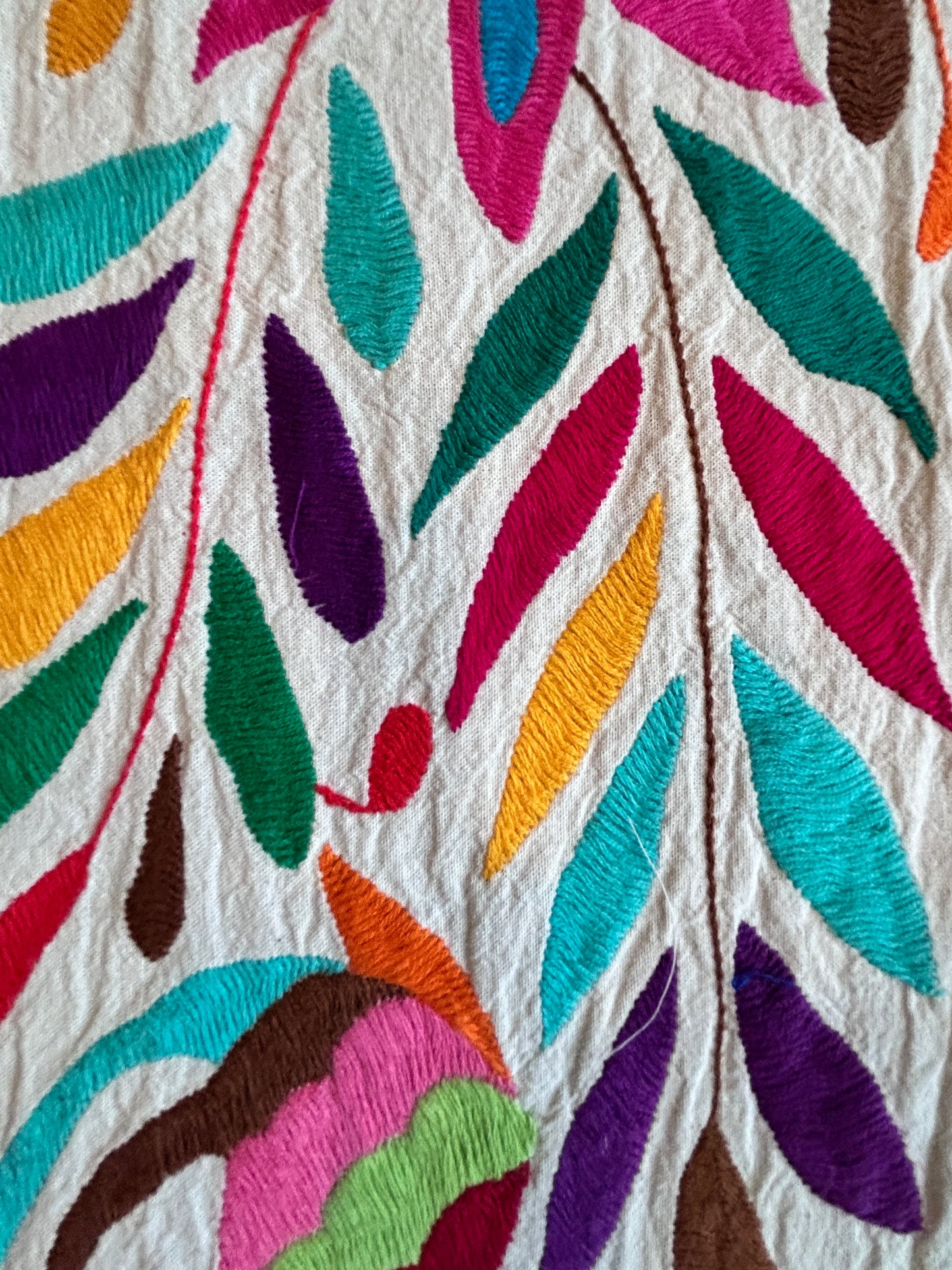 Hand-Embroidered Mexican Runner – Rainbow & Ivory 7.5" X 74" textile tapestry