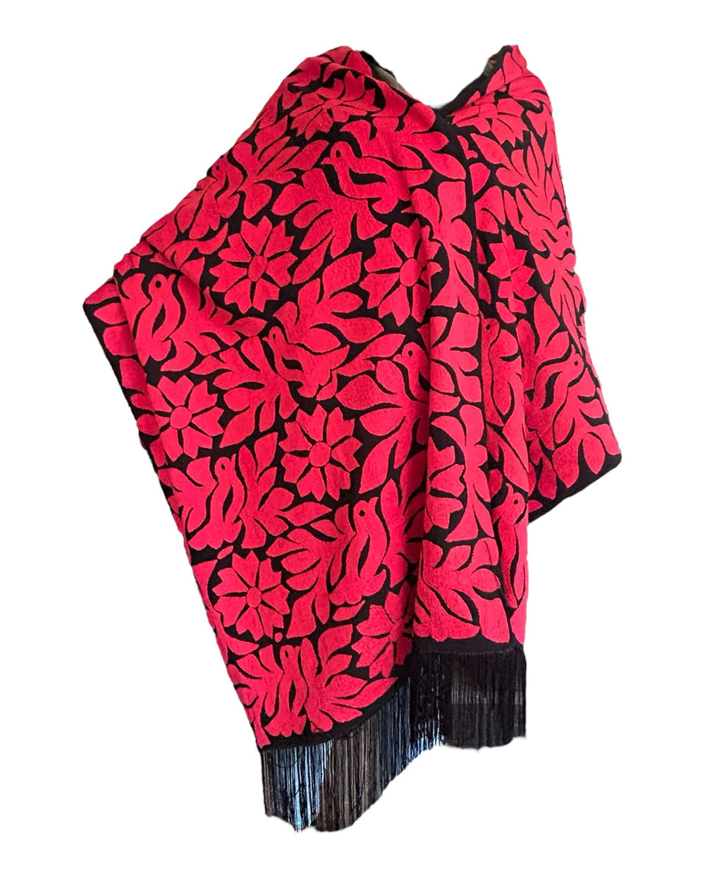 Rebozo de pashmina bordado a mano oaxaqueño – Rojo y negro (63,5x213,36 cm)