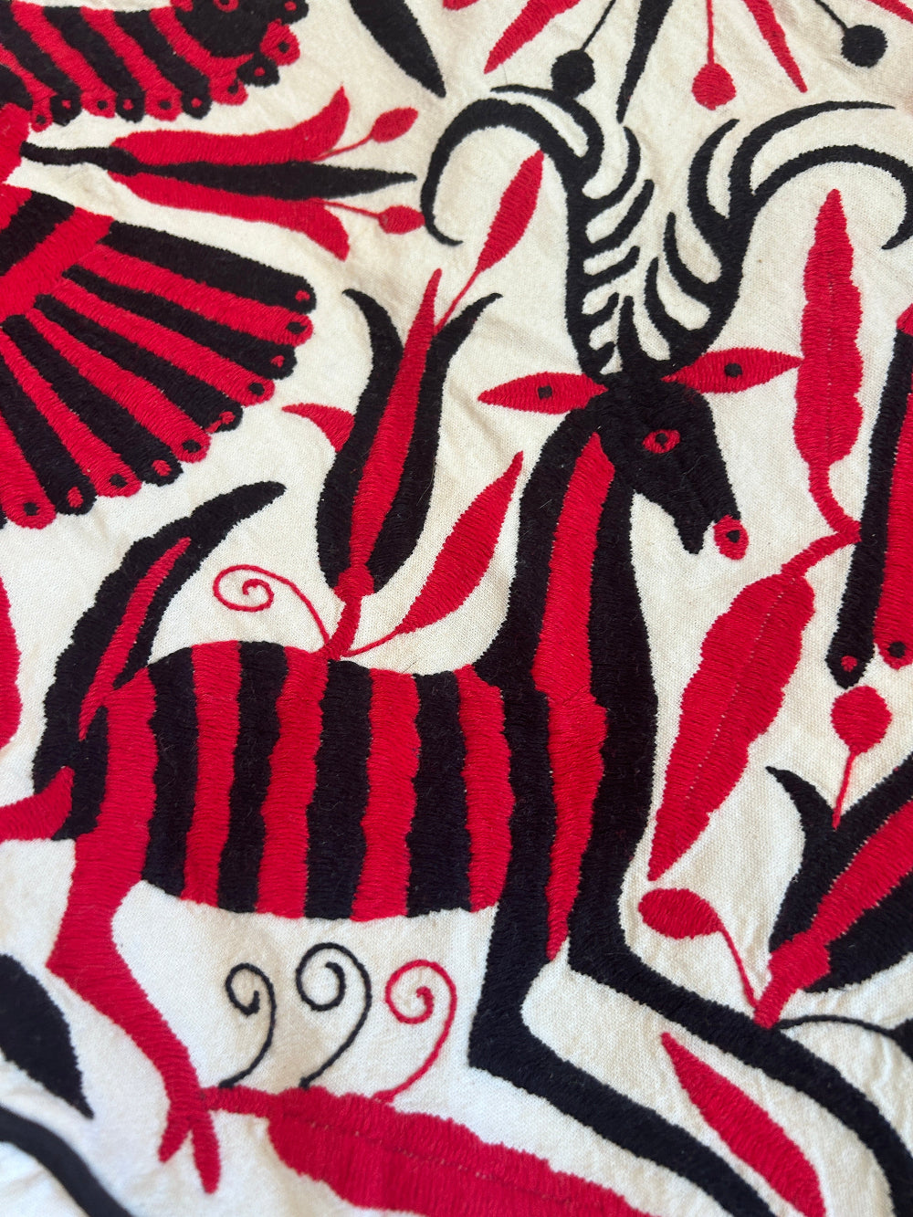 Hand-Embroidered Otomi Pouff– Black & Red, Unique Piece 24" R