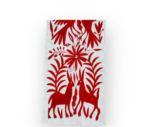 Mexican Table Runner | Large Embroidery | Framed Textiles | Otomi Table Runner | Red Temptation quiet path from Tenango de Doria