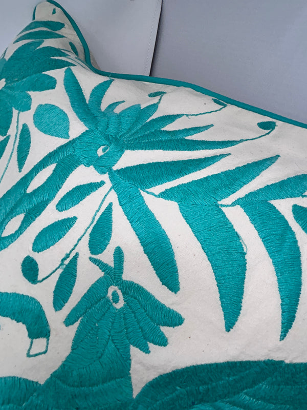 Otomí Hand Embroidered Pillow 23"x23" – Turquoise & Ivory | Handmade Mexican Cushion, Boho Home Decor