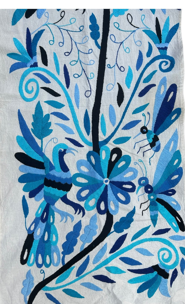 Otomí Hand Embroidered Table Runner 18"x74" – Multicolor in blue tones embroidery & Ivory cotton fabric | Handmade Mexican Textile Decor