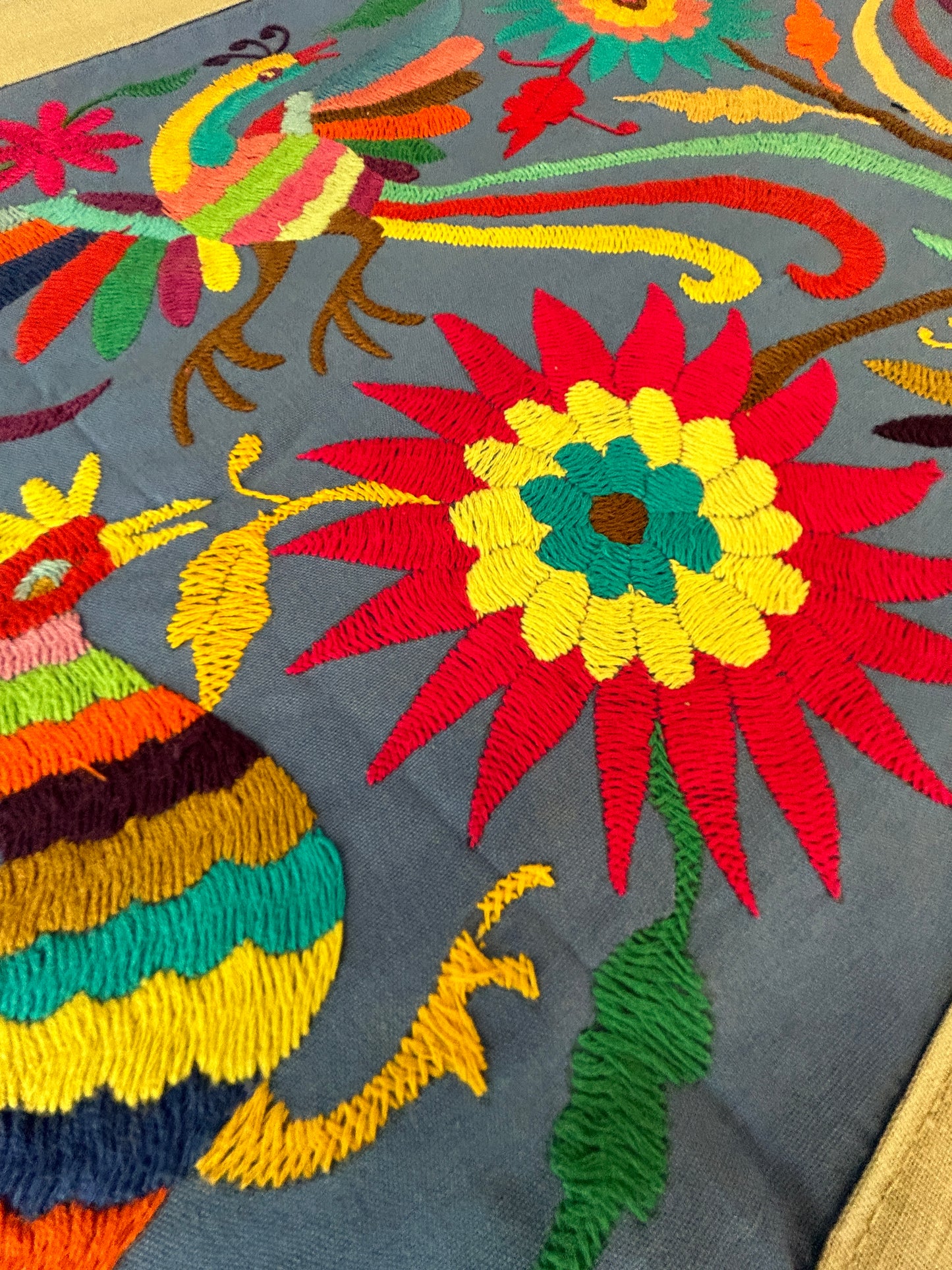 Hand-Embroidered Mexican Runner – Rainbow & blue Decor.  18"x74"