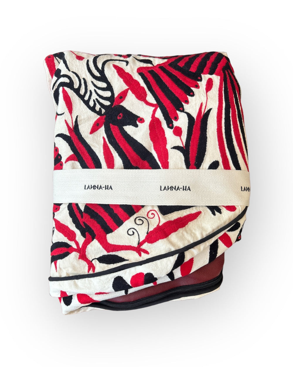 Hand-Embroidered Otomi Pouff– Black & Red, Unique Piece 24" R