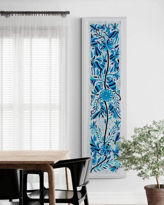 Hand-Embroidered Mexican Runner – Tones of blue & Ivory Decor.  18"x74"