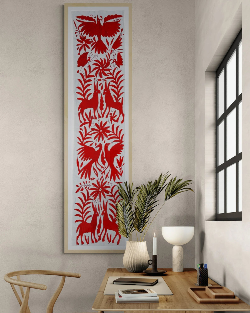 Camino de mesa mexicano bordado a mano – Decoración roja y marfil. 18"x74"