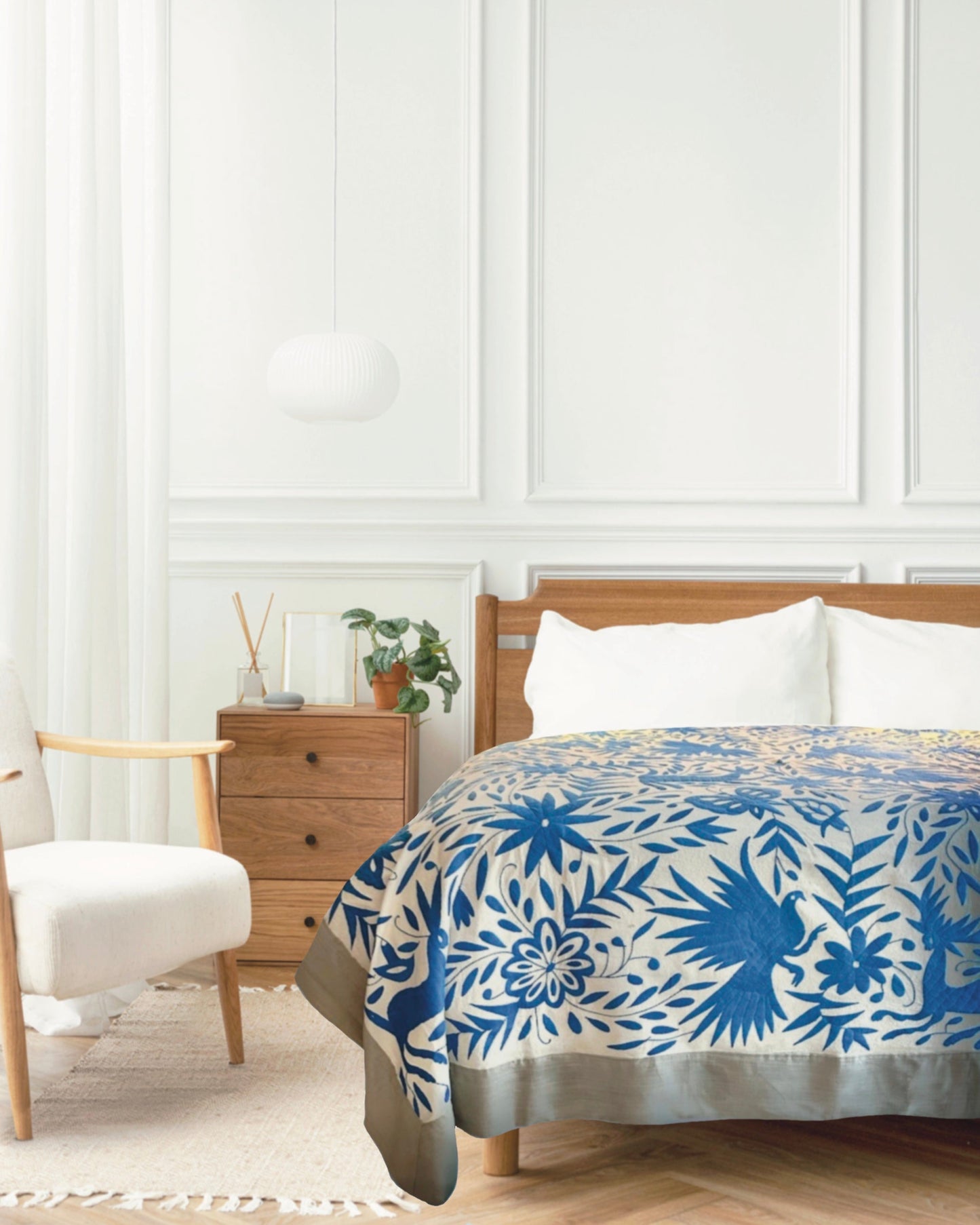 Handmade Mexican Otomi Embroidered Bedding or Tablecloth– Blue & Ivory (84"x85")