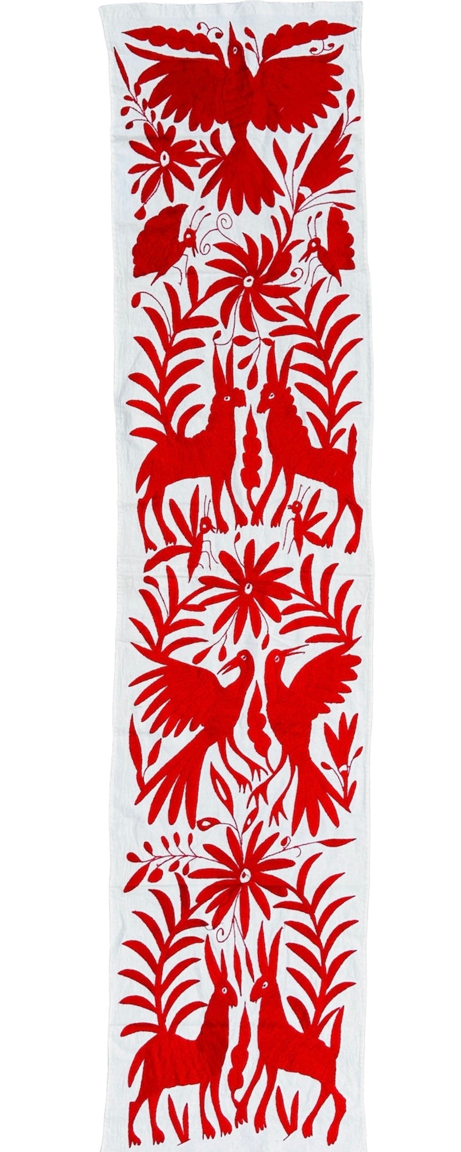Hand-Embroidered Mexican Runner – Red & Ivory Decor.  18"x74"