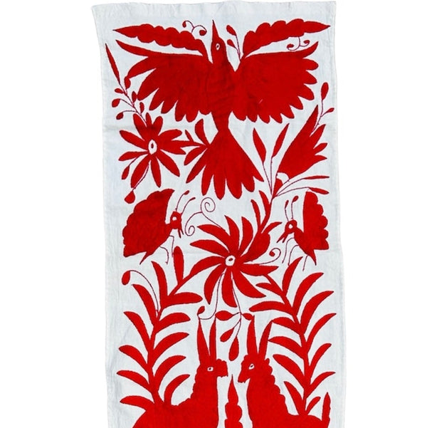Mexican Table Runner | Large Embroidery | Framed Textiles | Otomi Table Runner | Red Temptation quiet path from Tenango de Doria