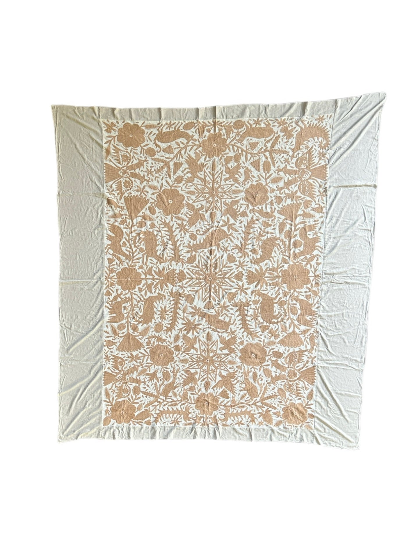 Handmade Mexican Otomi Embroidered Bedding – Tan & Ivory (104"x116")