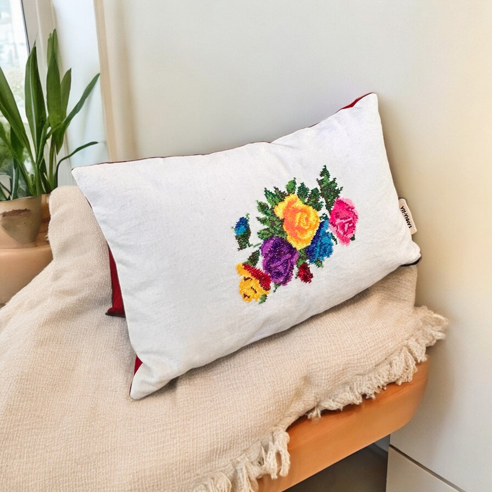 Floral Cross-Stitch Pillow Cover – Ivory & Red Velvet 9.5" x 12"