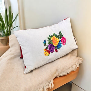Floral Cross-Stitch Pillow Cover – Ivory & Red Velvet 9.5" x 12"