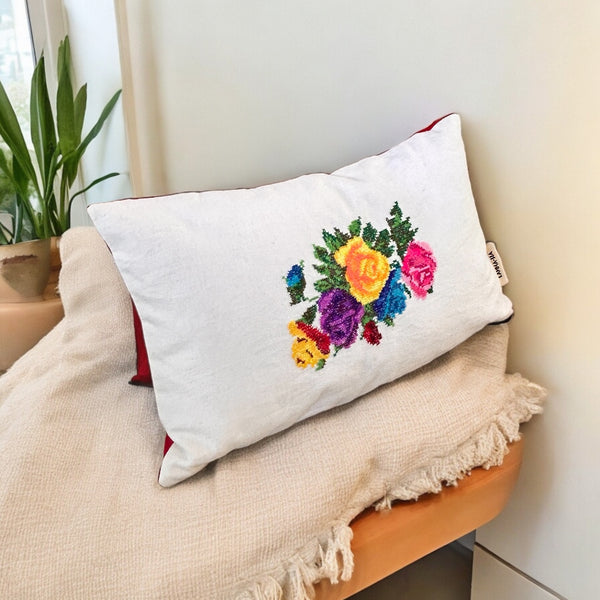 Floral Cross-Stitch Pillow Cover – Ivory & Red Velvet 9.5" x 12"