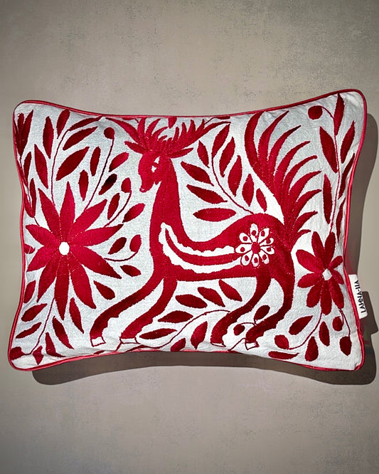 Hand-Embroidered Otomi Pillow Cover – Red & Green 13" x 18"