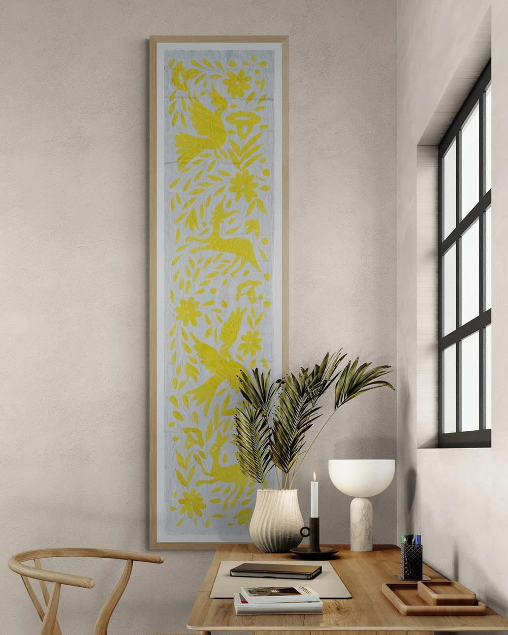 Camino de Mesa Otomí Bordado a Mano 45x188cm – Obra de Arte Textil | Bordado amarillo y tela de algodón color marfil | Hecho a mano en México