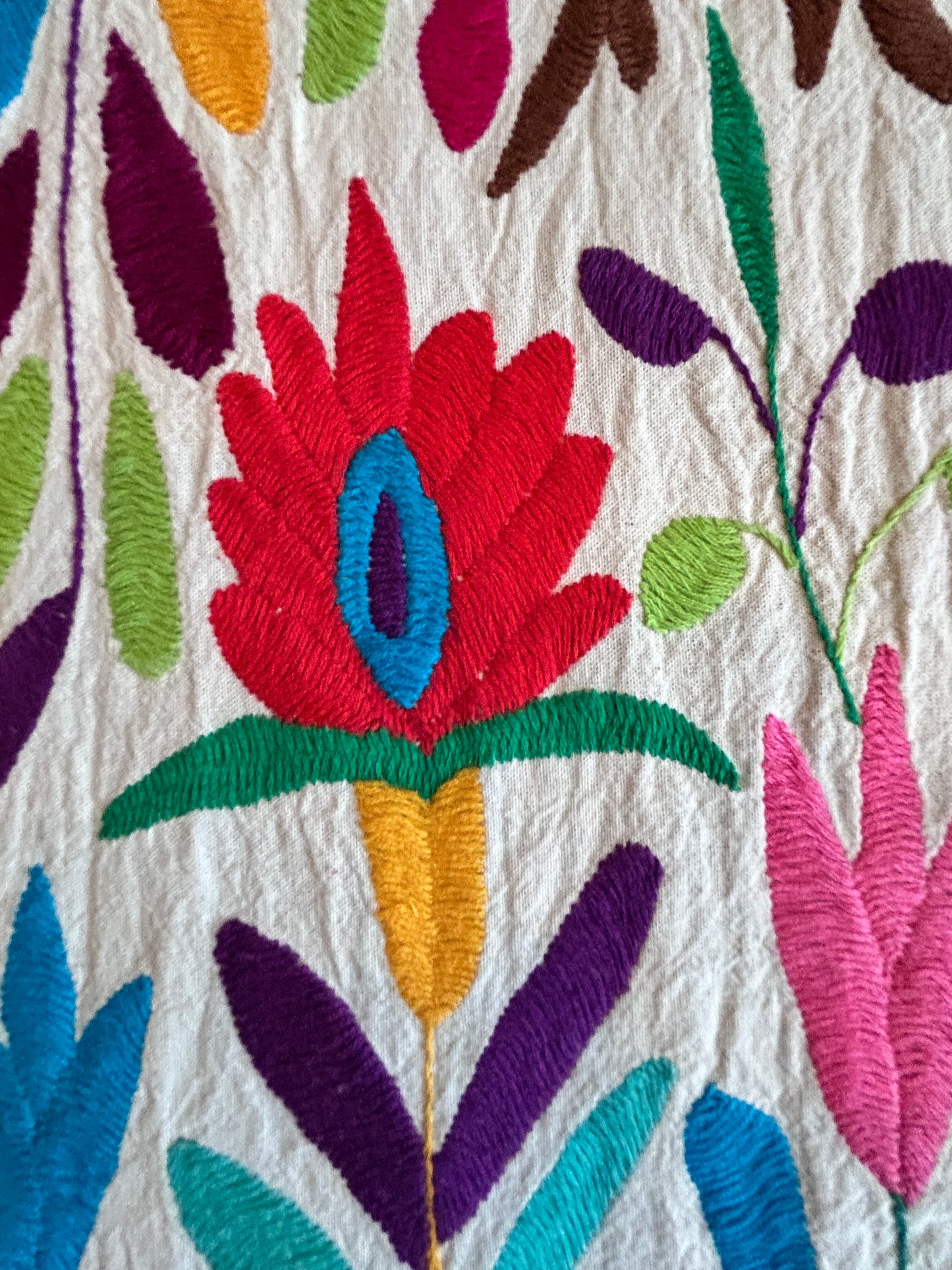 Hand-Embroidered Mexican Runner – Rainbow & Ivory 7.5" X 74" textile tapestry