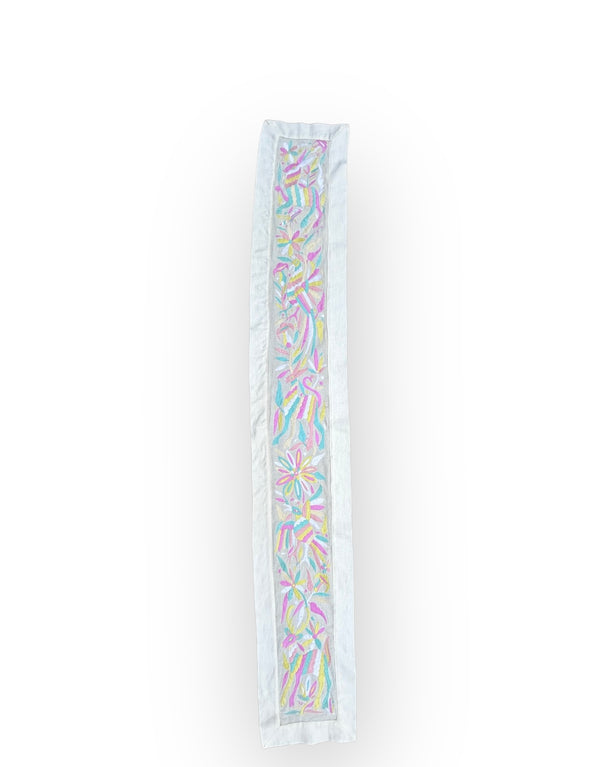 Hand Embroidered Otomí Table Runner | Mexican Textile Decor | Long Handmade Runner | Pastel Multicolor on Ivory cotton fabric | 12.5 x 78 Inches