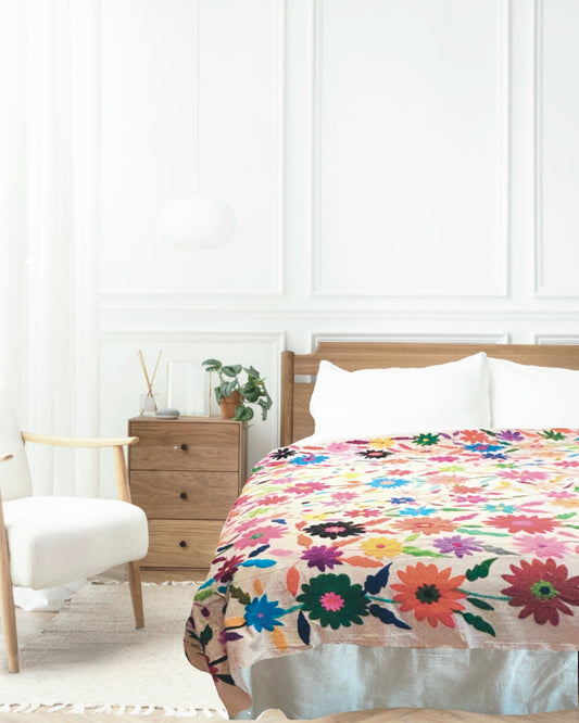 Handmade Otomi Embroidered Bedding or Tablecloth – Flowers Rainbow & Ivory (81"x91")