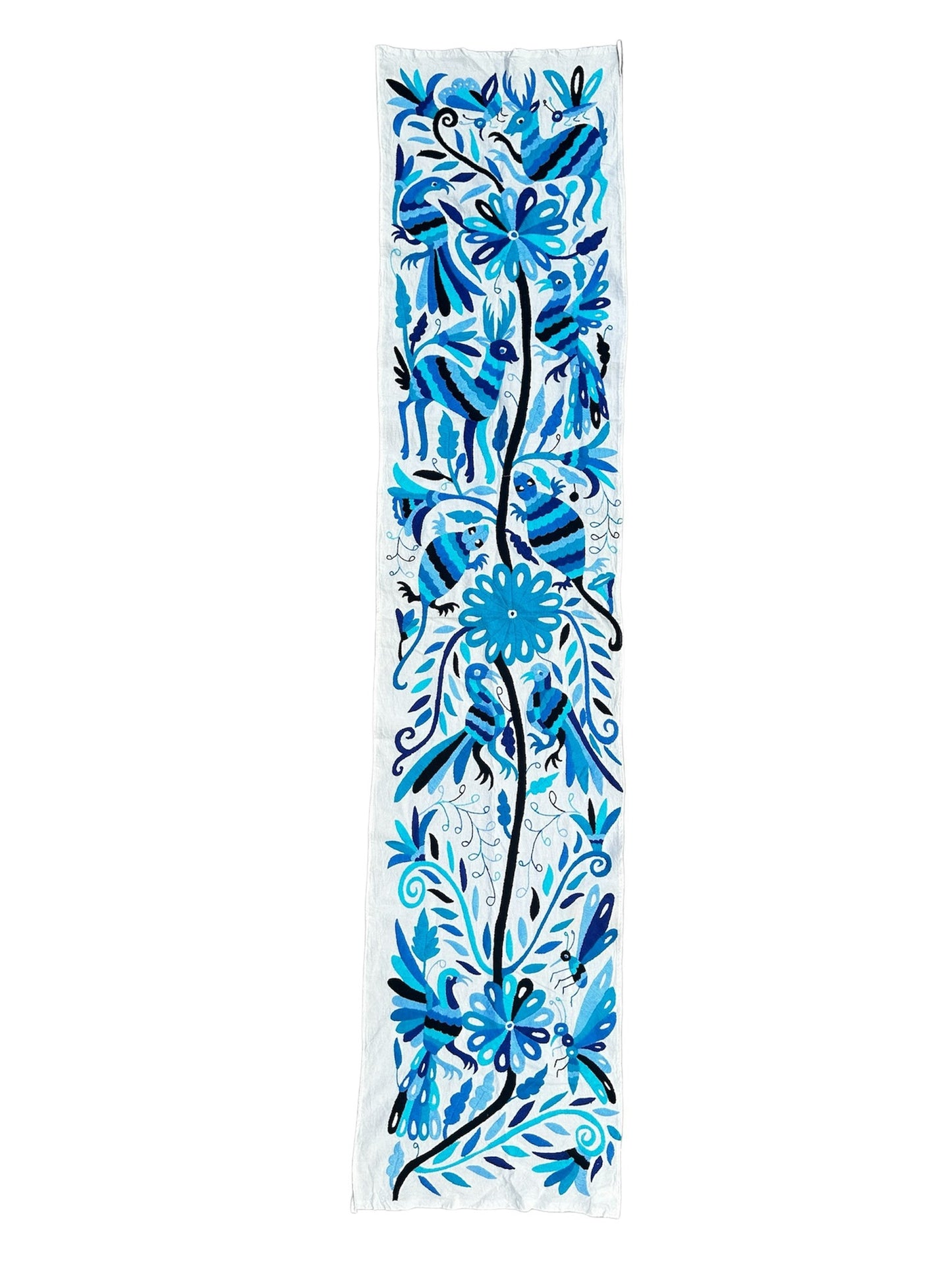 Hand-Embroidered Mexican Runner – Tones of blue & Ivory Decor.  18"x74"