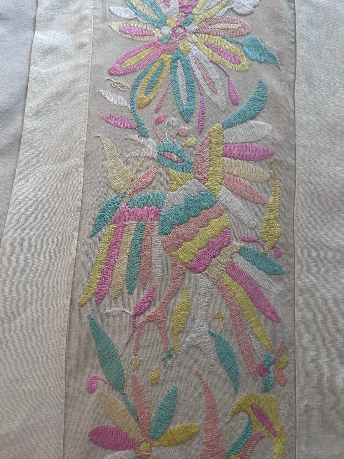 Hand embroidered bed or table runner, Wall art, otomi embroidery, 12.5" x 78" pastel tones