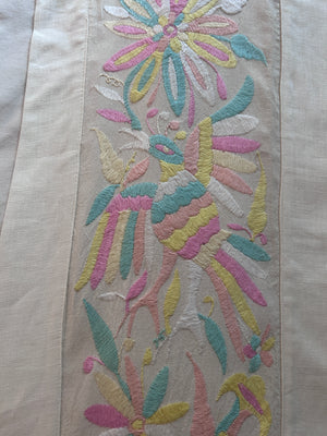 Hand Embroidered Otomí Table Runner | Mexican Textile Decor | Long Handmade Runner | Pastel Multicolor on Ivory cotton fabric | 12.5 x 78 Inches