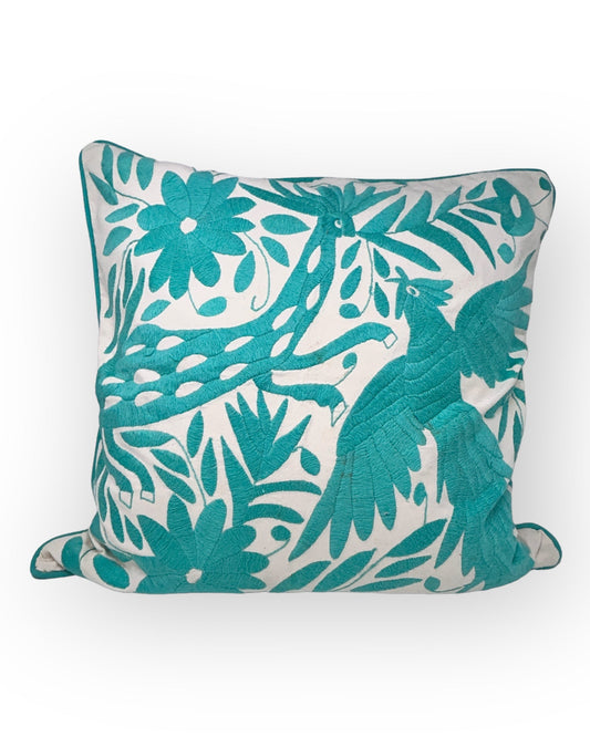 Hand-Embroidered Otomi Pillow Cover – Turquoise & White - Pipping - 23"x23"