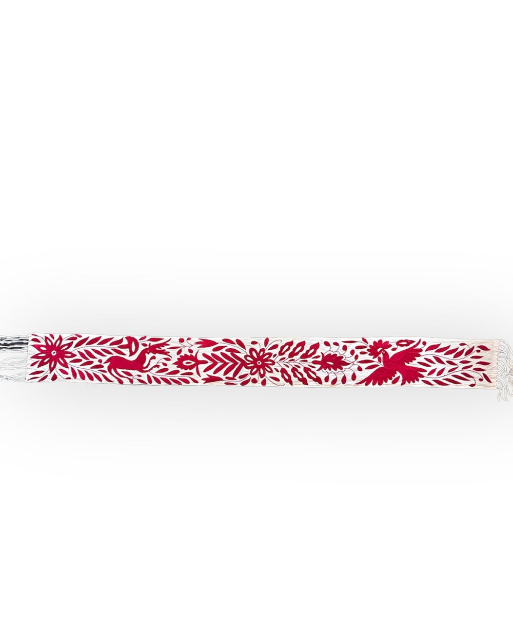 Camino de mesa Otomí bordado a mano de 19 x 188 cm – Bordado rojo y marfil | Decoración textil mexicana hecha a mano