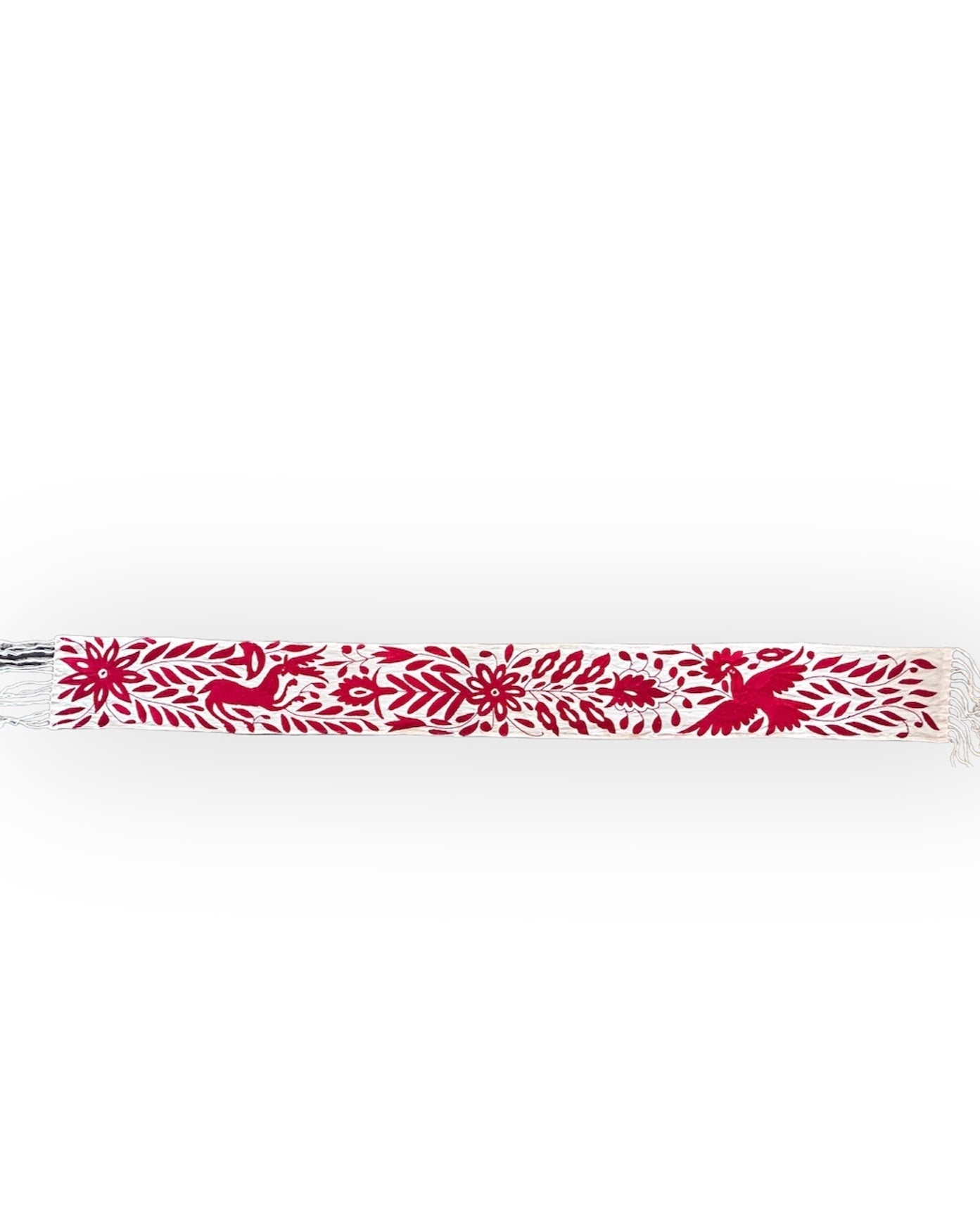 Hand-Embroidered Mexican Runner – Red & Ivory 7.5" X 74" textile tapestry