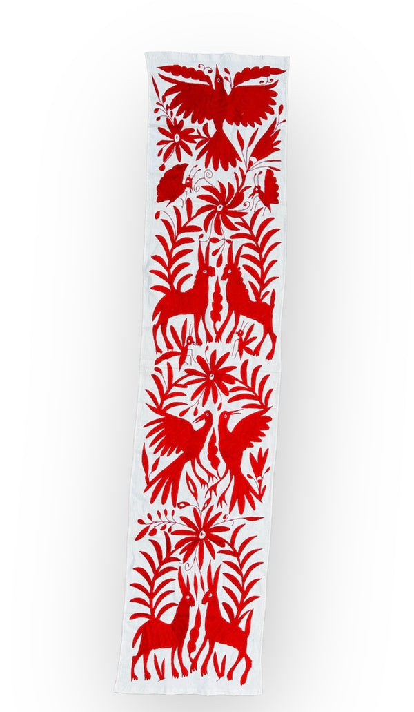 Mexican Table Runner | Large Embroidery | Framed Textiles | Otomi Table Runner | Red Temptation quiet path from Tenango de Doria