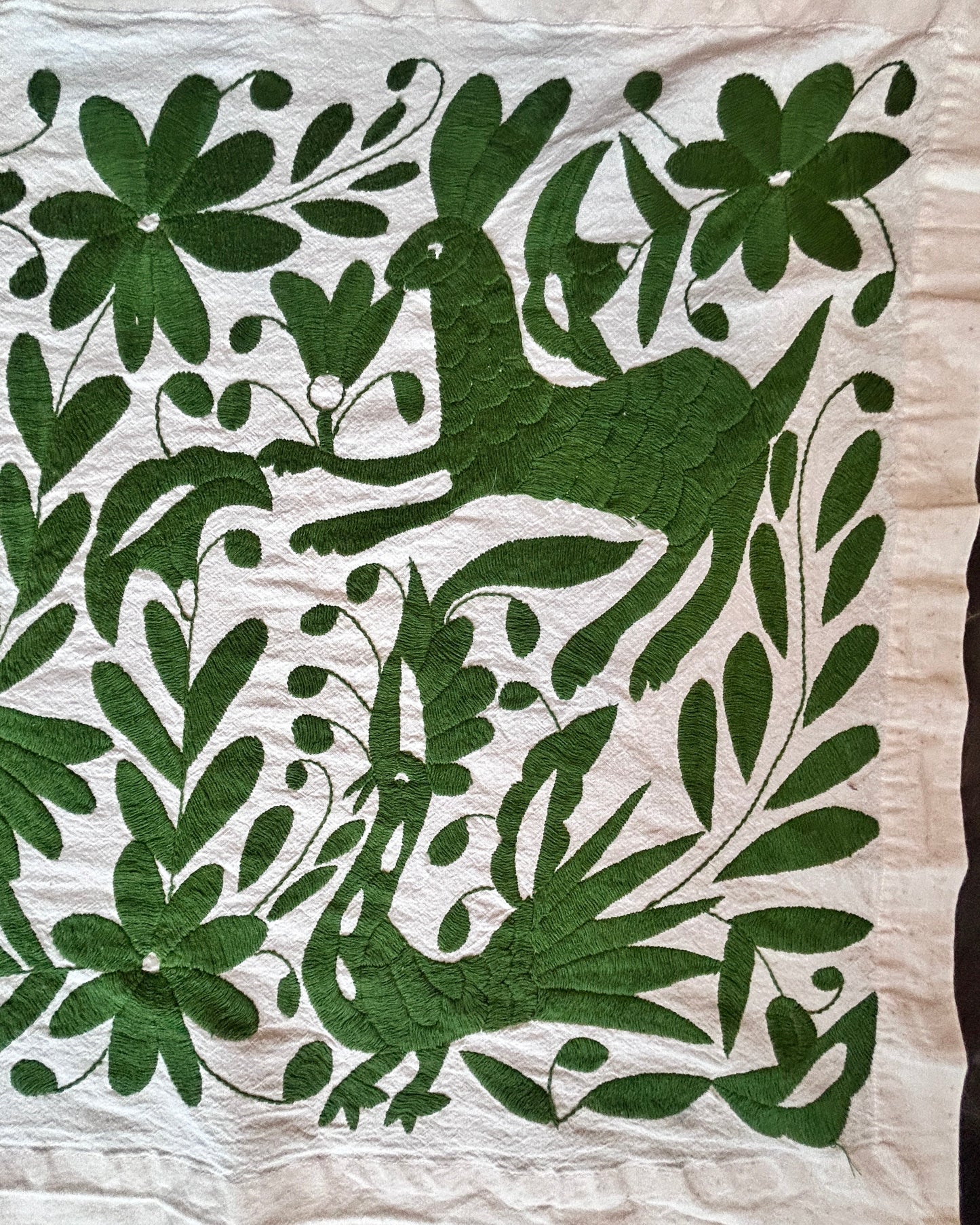 Hand-Embroidered Mexican XL Runner – Green & Ivory 24" X 98"