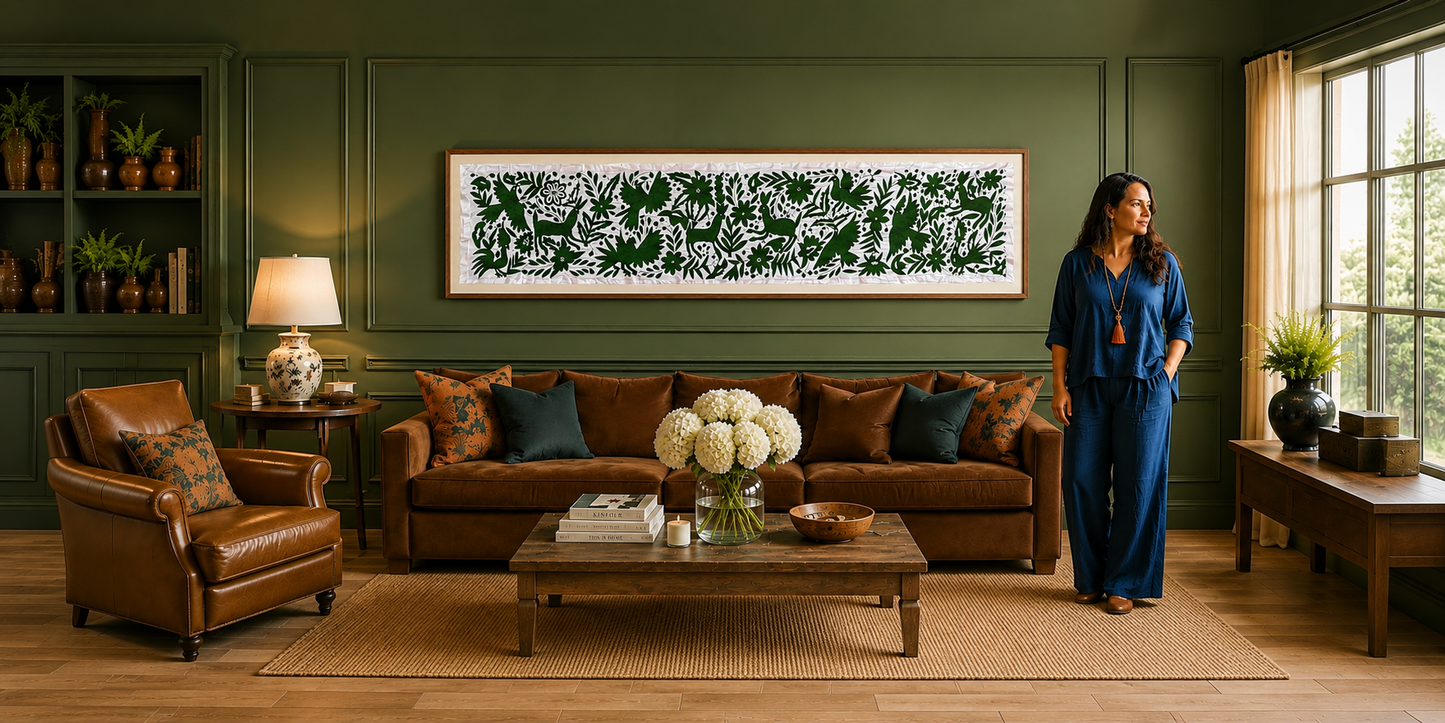 Chemin de table Otomi brodé à la main | Décoration textile mexicaine | Chemin de table XL fait à la main | Vert et ivoire | 66 x 264 cm