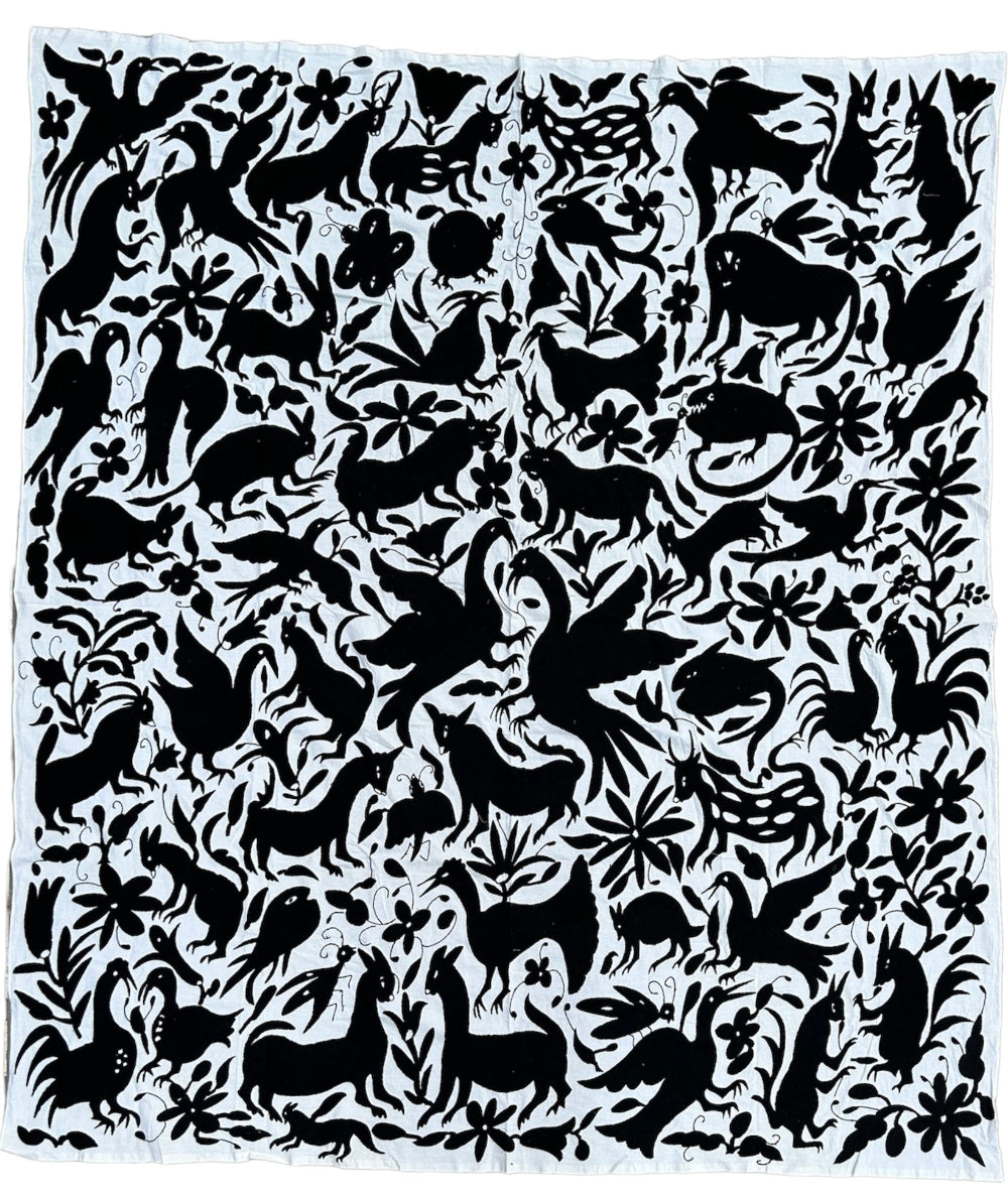 Unique handembroidered wall art. Otomi embroidery Black & Ivory 68" x 76"
