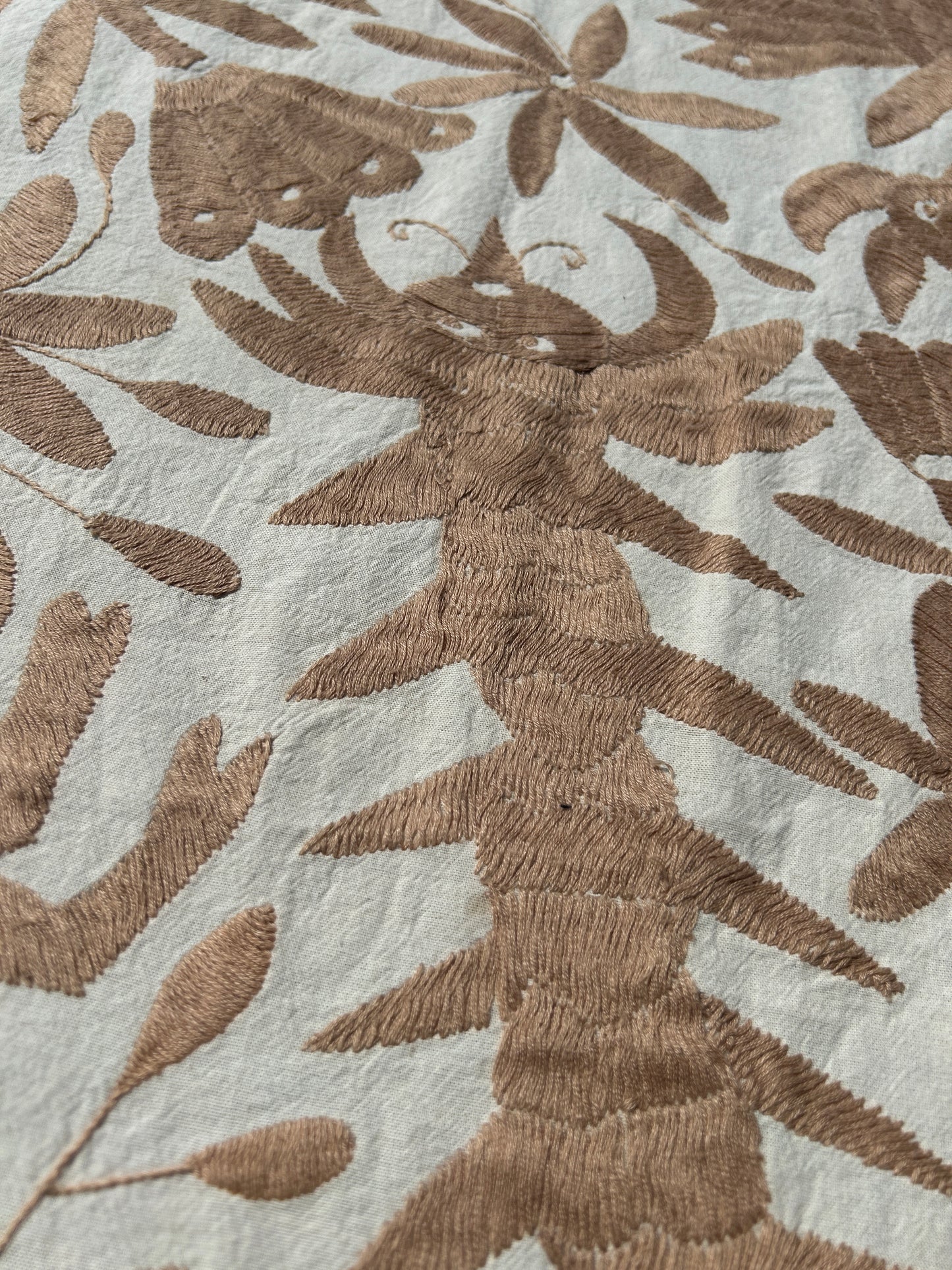 Handmade Mexican Otomi Embroidered Bedding – Tan & Ivory (104"x116")