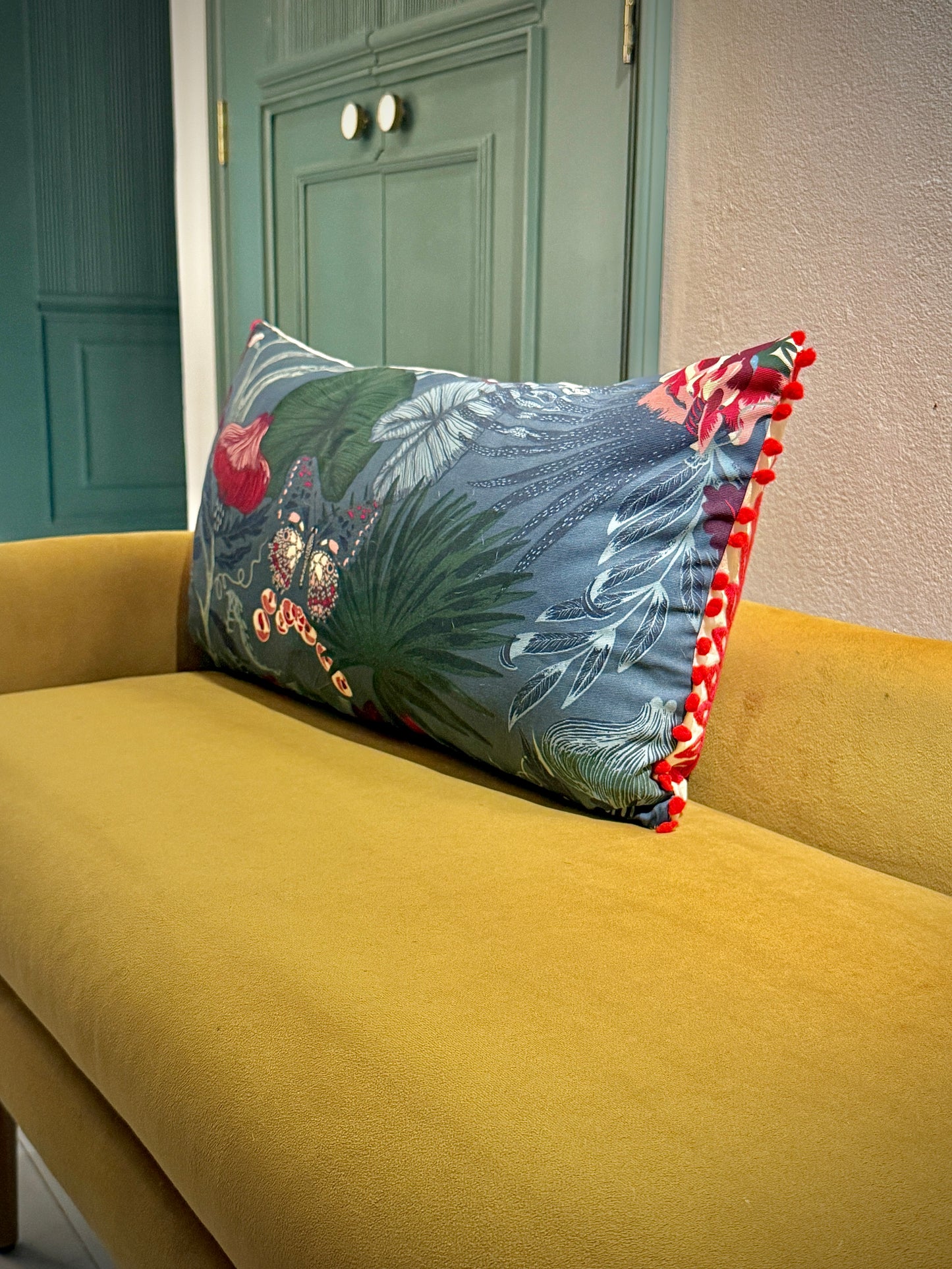 Hand-Embroidered Otomi Pillow Cover – Red & Green 14" x 25"