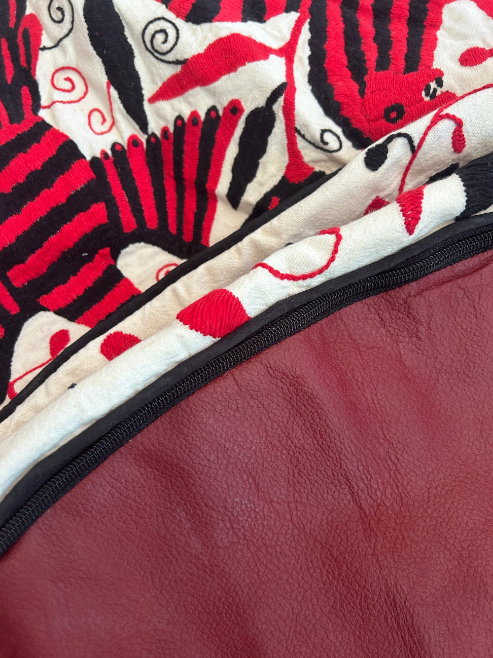 Hand-Embroidered Otomi Pouff– Black & Red, Unique Piece 24" R