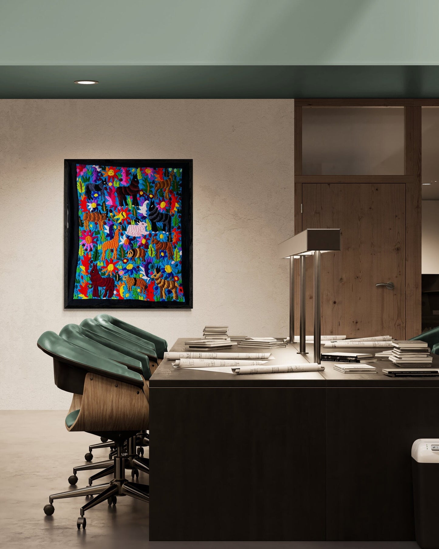 Art mural Chiapas brodé à la main – Arc-en-ciel et noir 104x122 cm
