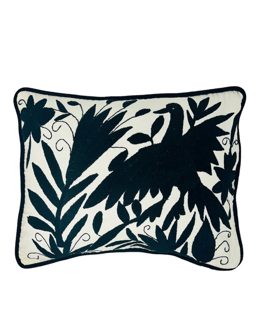 Hand Embroidered Otomí Pillow Cover | Mexican Textile Decor | Black & ivory| 13x18” | Boho Luxury Cushion |