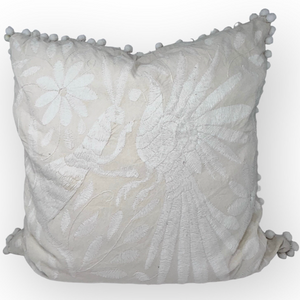 Otomí Embroidered Pillow 23"x23" – All White embroidery & netural linen backing | Handmade Mexican Cushion, Boho Home Decor | white pompoms