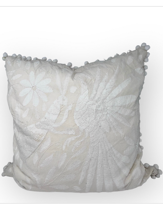 Hand-Embroidered Otomi Pillow Cover – White & White - Pompoms - 23"x23"