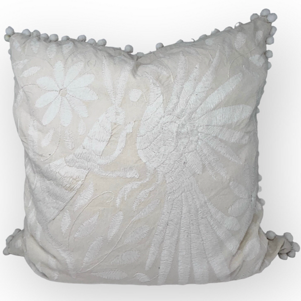 Otomí Embroidered Pillow 23"x23" – All White embroidery & netural linen backing | Handmade Mexican Cushion, Boho Home Decor | white pompoms