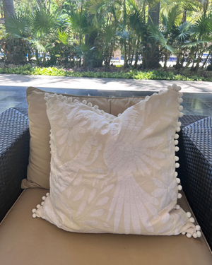 Otomí Embroidered Pillow 23"x23" – All White embroidery & netural linen backing | Handmade Mexican Cushion, Boho Home Decor | white pompoms