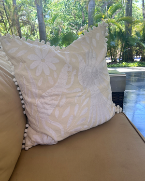 Otomí Embroidered Pillow 23"x23" – All White embroidery & netural linen backing | Handmade Mexican Cushion, Boho Home Decor | white pompoms