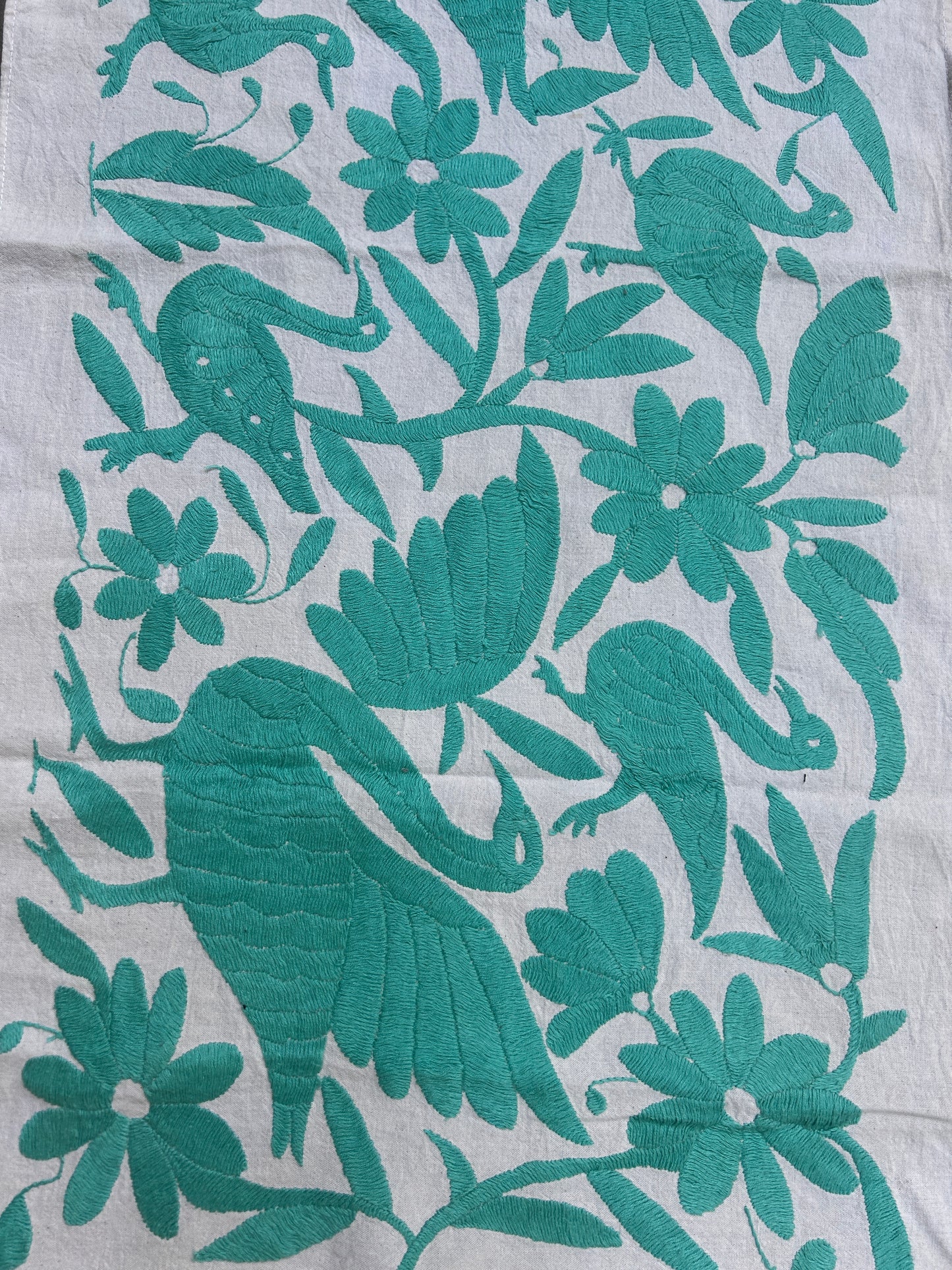 Hand-Embroidered Mexican Runner – Turquoise & Ivory Decor.  18"x74"
