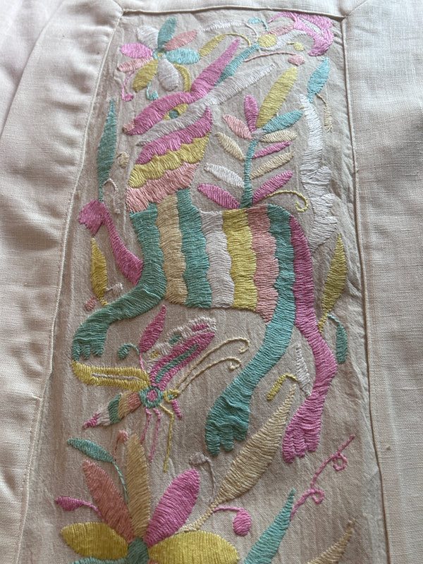Hand Embroidered Otomí Table Runner | Mexican Textile Decor | Long Handmade Runner | Pastel Multicolor on Ivory cotton fabric | 12.5 x 78 Inches