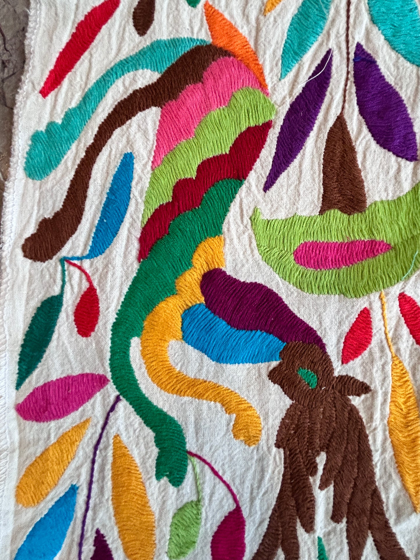 Hand-Embroidered Mexican Runner – Rainbow & Ivory 7.5" X 74" textile tapestry