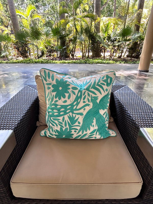 Otomí Hand Embroidered Pillow 23"x23" – Turquoise & Ivory | Handmade Mexican Cushion, Boho Home Decor